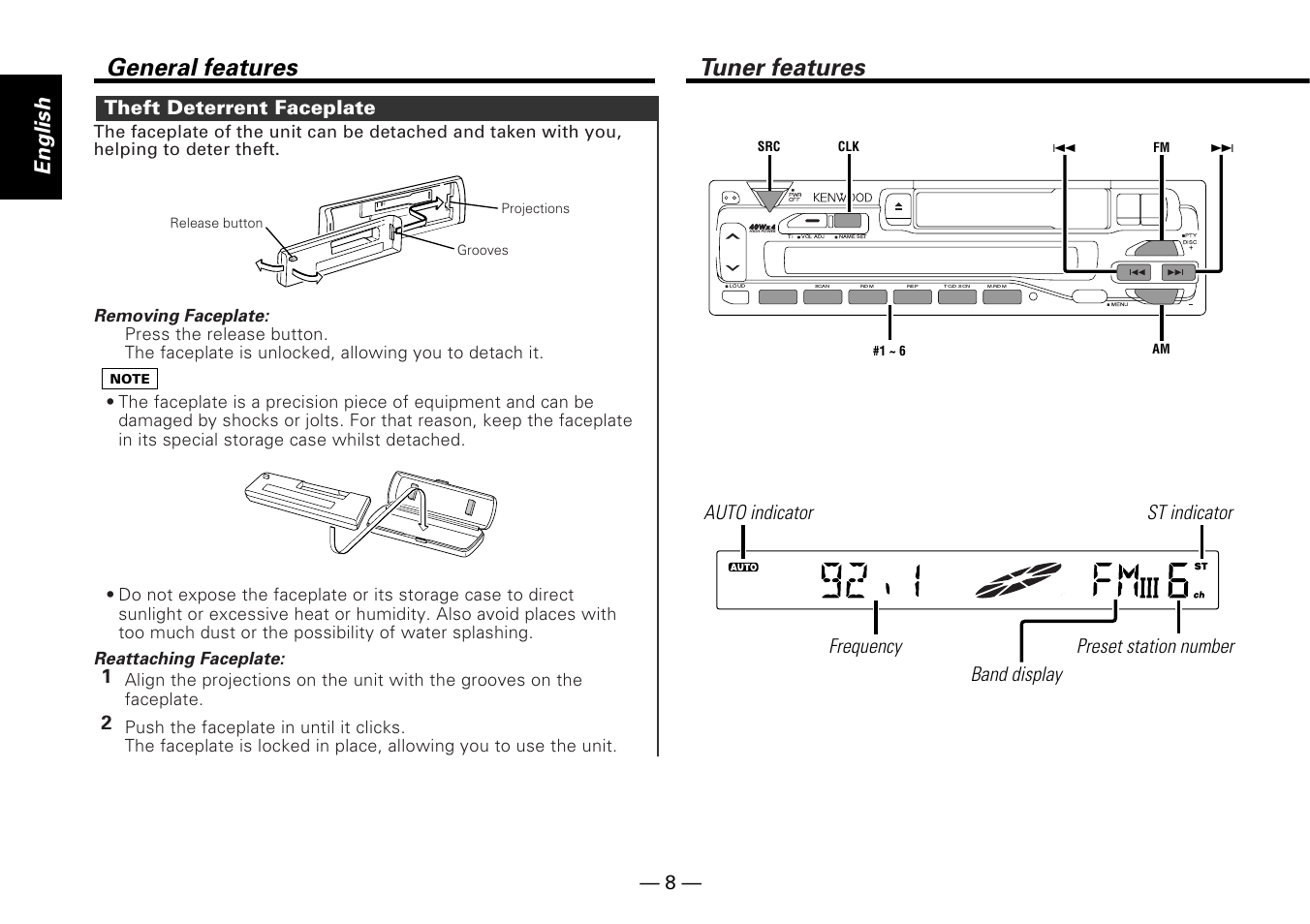 Tuner features, General features, English | Theft deterrent faceplate, Removing faceplate, Reattaching faceplate | Kenwood KRC-25RA User Manual | Page 8 / 32