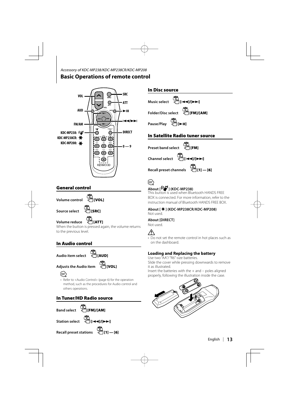 Basic operations of remote control, General control | Kenwood KDC-138 User Manual | Page 13 / 56