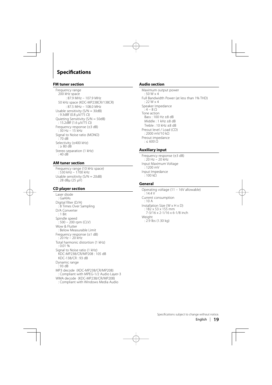 Specifi cations | Kenwood KDC-138 User Manual | Page 19 / 56