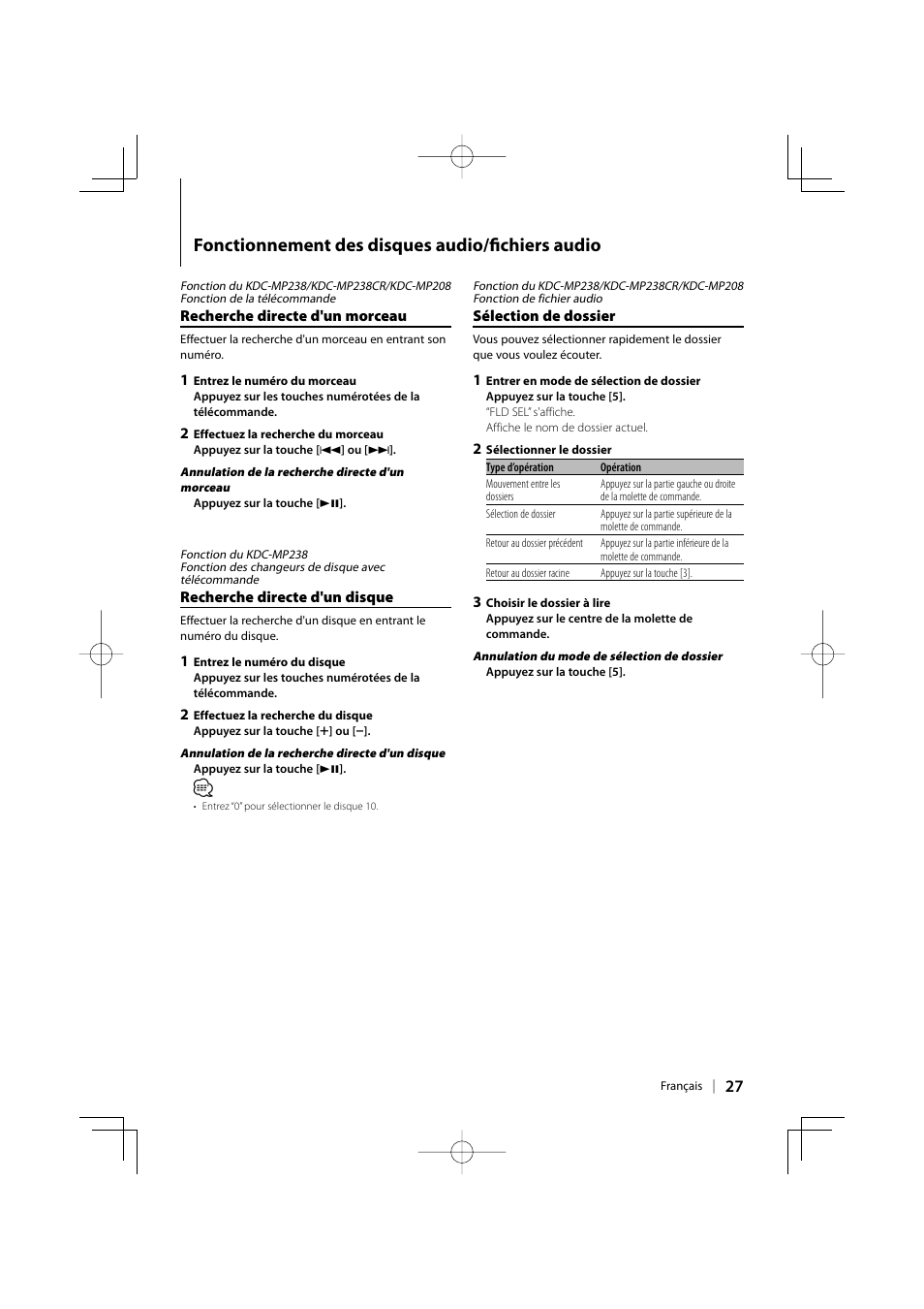 Fonctionnement des disques audio/fi chiers audio | Kenwood KDC-138 User Manual | Page 27 / 56