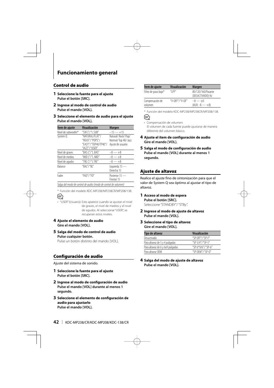 Funcionamiento general | Kenwood KDC-138 User Manual | Page 42 / 56