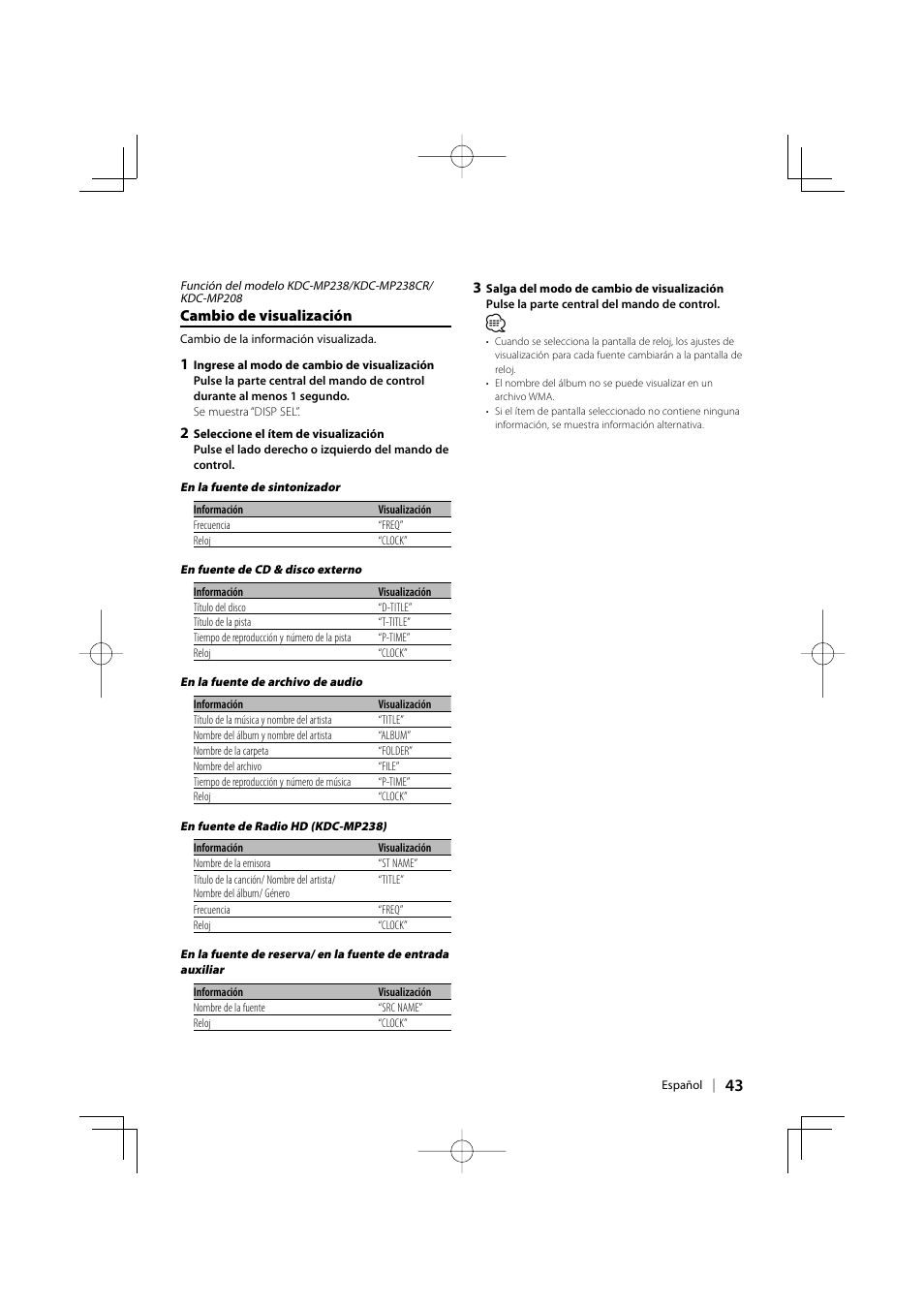 Cambio de visualización | Kenwood KDC-138 User Manual | Page 43 / 56