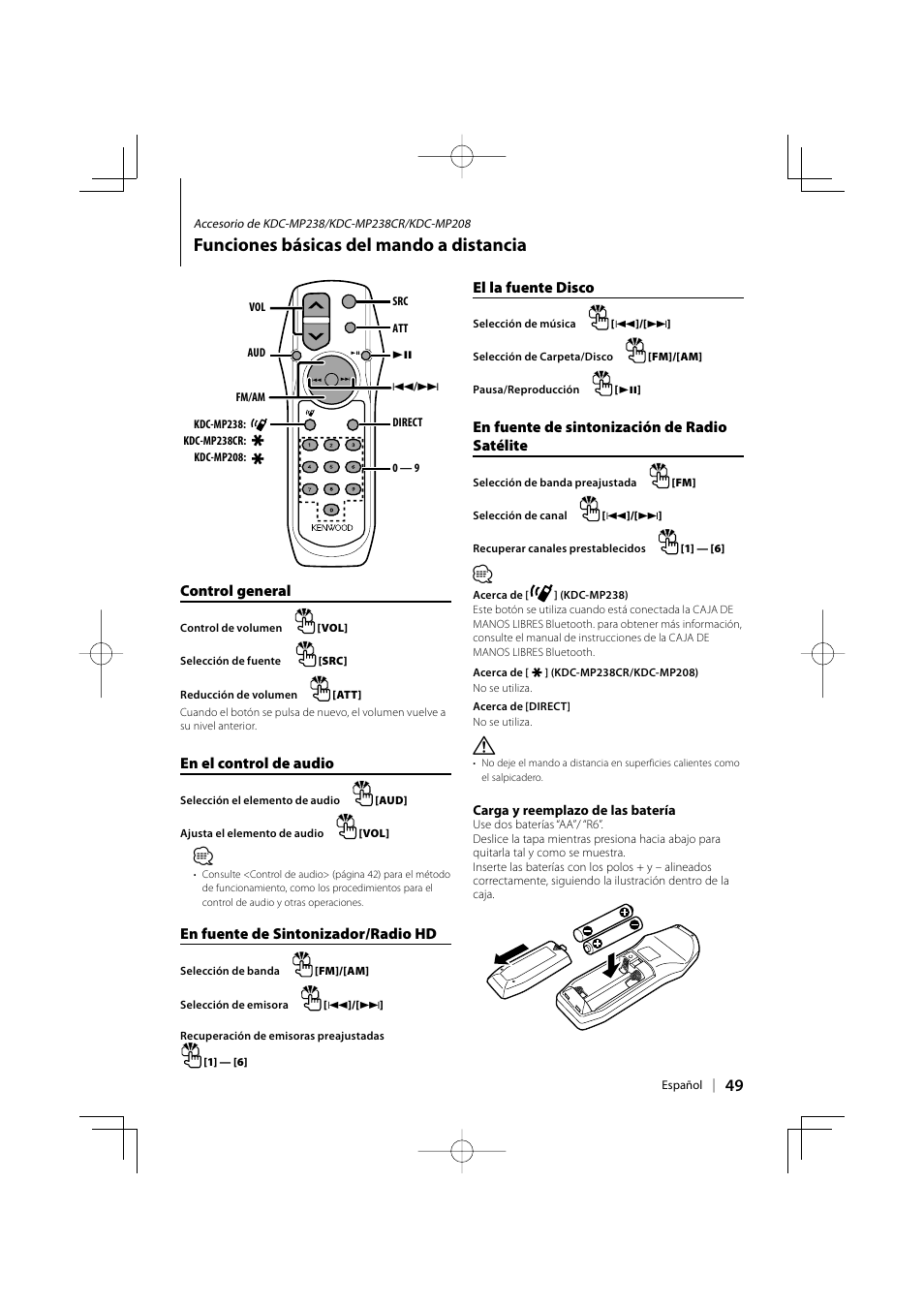 Funciones básicas del mando a distancia, Control general, En el control de audio | En fuente de sintonizador/radio hd, El la fuente disco, En fuente de sintonización de radio satélite | Kenwood KDC-138 User Manual | Page 49 / 56