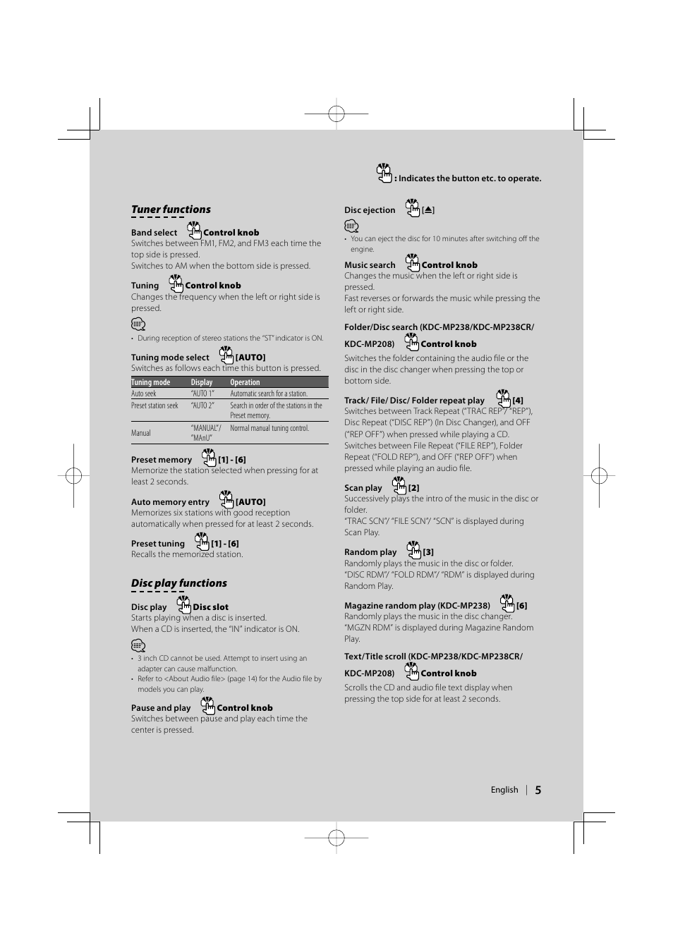 Tuner functions, Disc play functions | Kenwood KDC-138 User Manual | Page 5 / 56