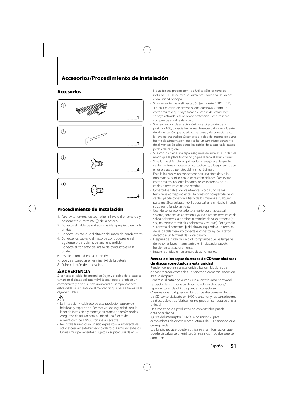 Accesorios/procedimiento de instalación, Accesorios 1 2 3 4 procedimiento de instalación | Kenwood KDC-138 User Manual | Page 51 / 56