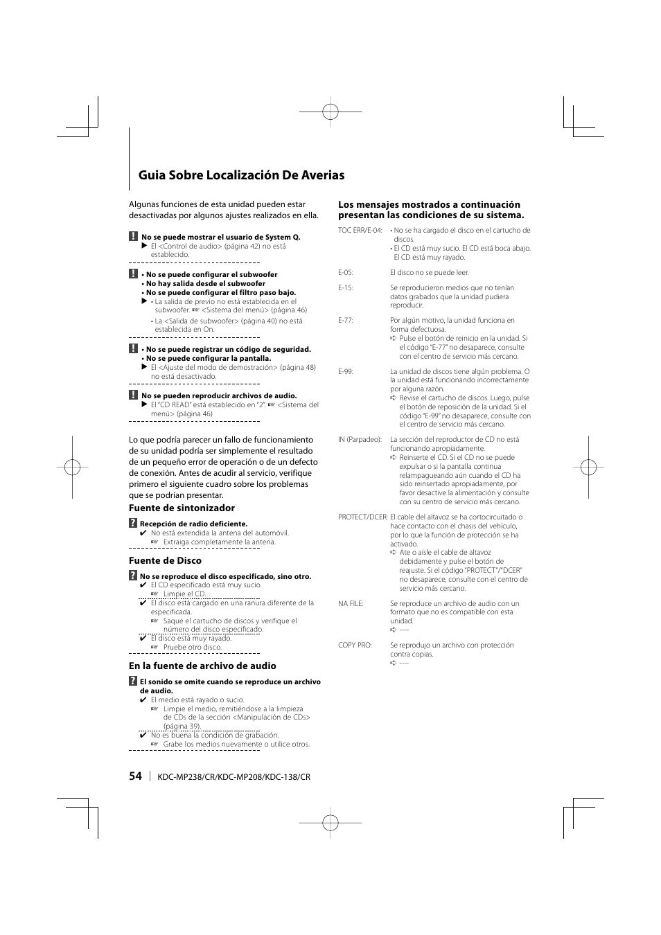 Guia sobre localización de averias | Kenwood KDC-138 User Manual | Page 54 / 56