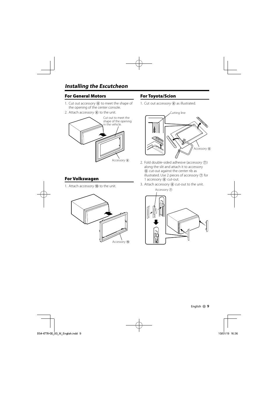 Installing the escutcheon, For toyota/scion, For general motors | For volkswagen | Kenwood DNX7360BT User Manual | Page 9 / 12