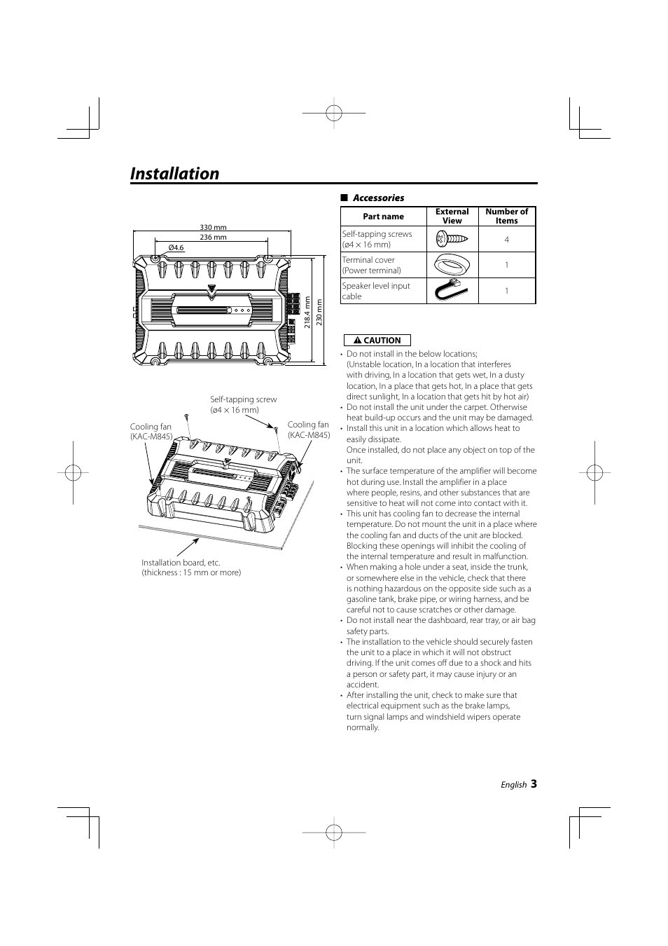 Installation | Kenwood KAC-M845 User Manual | Page 3 / 8