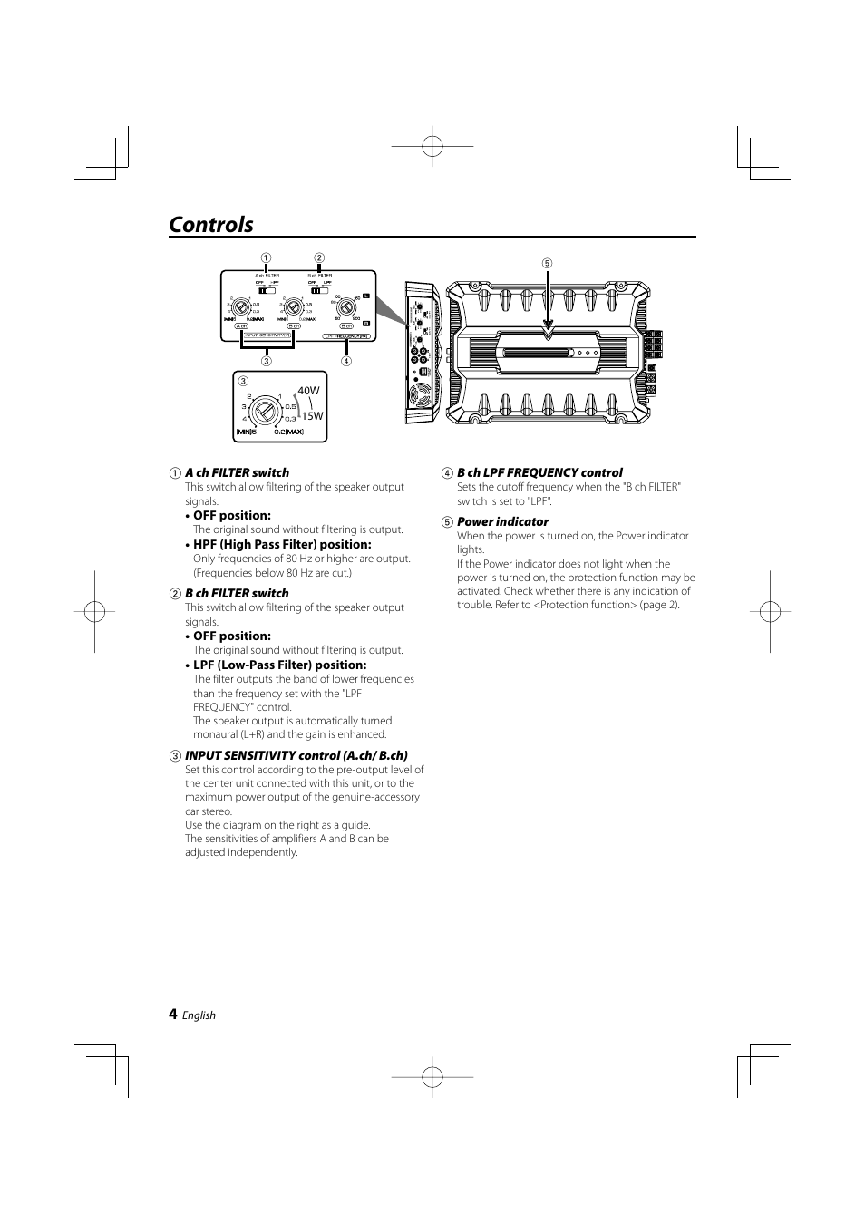 Controls | Kenwood KAC-M845 User Manual | Page 4 / 8