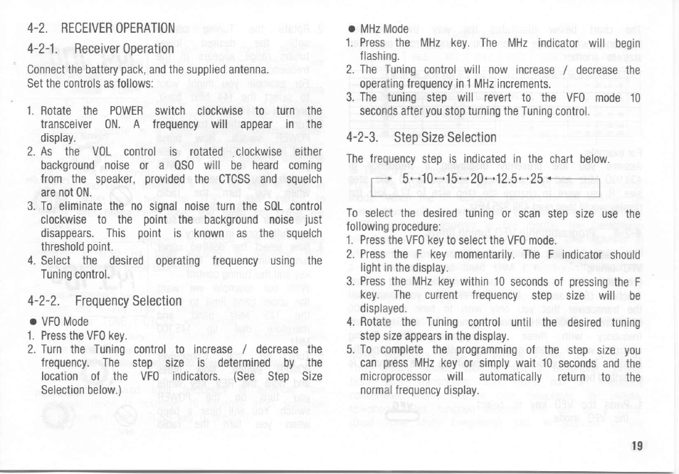 2-1. receiver operation, 2-2. frequency selection, 2-3. step size selection | Kenwood TH-26A User Manual | Page 19 / 50