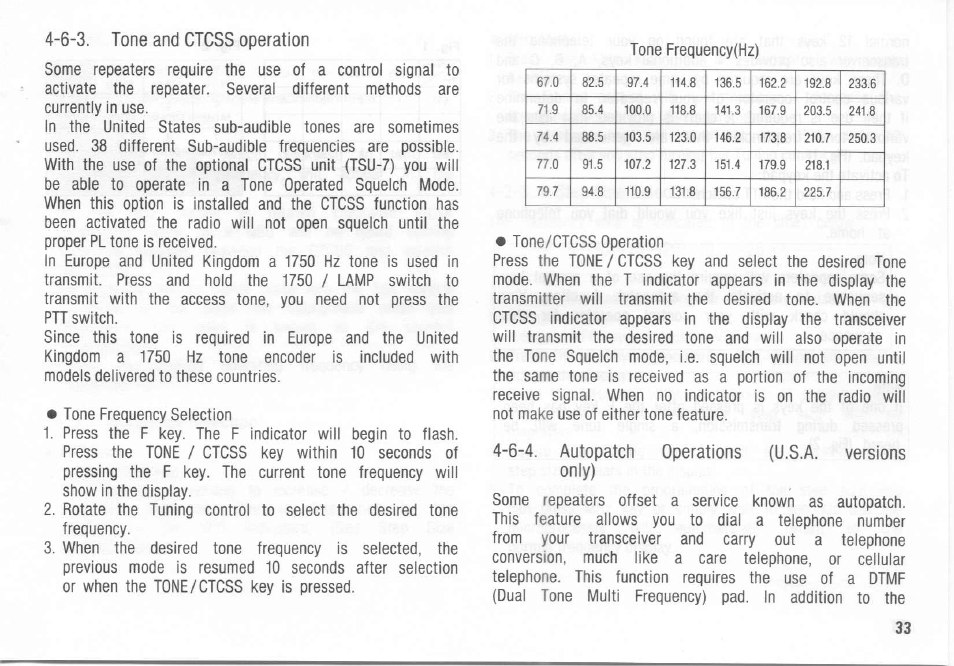 6-3. tone and ctcss operation, 6-4. autopatch operations (u.s.a. versions only) | Kenwood TH-26A User Manual | Page 33 / 50