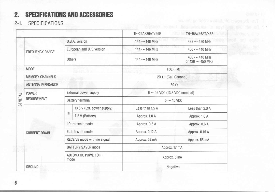 1. specifications, Specifications and accessories 2-1. specifications | Kenwood TH-26A User Manual | Page 6 / 50