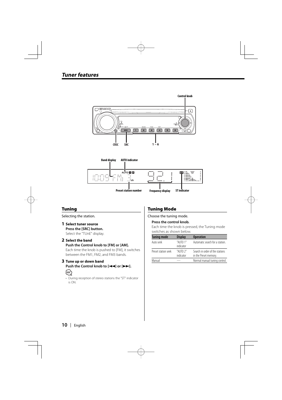 Tuner features, Tuning mode, Tuning | Kenwood kdc 229 User Manual | Page 10 / 22