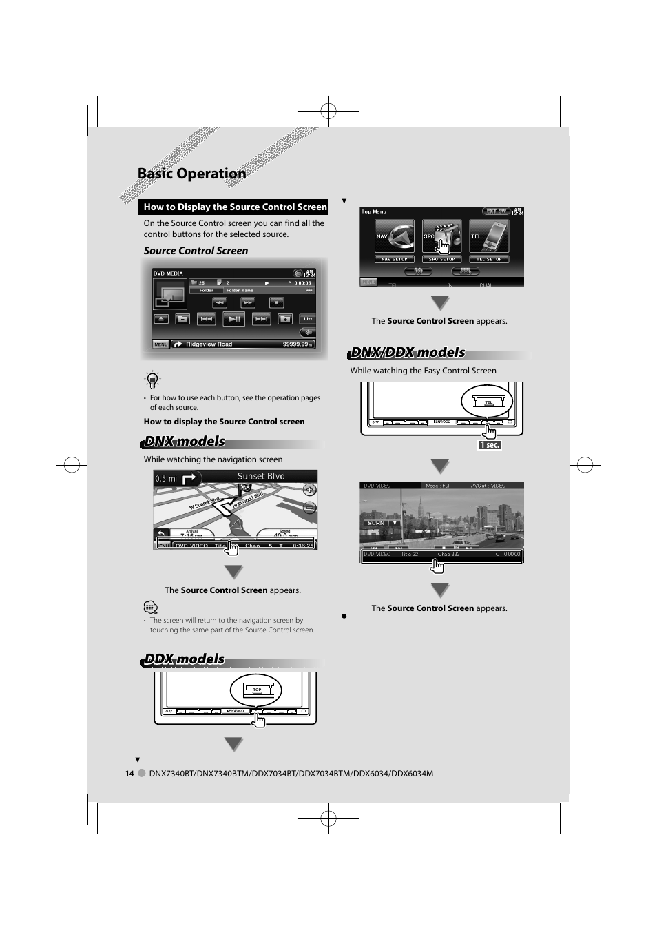 Basic operation, Dnx models, Ddx models | Dnx/ddx models | Kenwood DNX7340BTM User Manual | Page 14 / 96