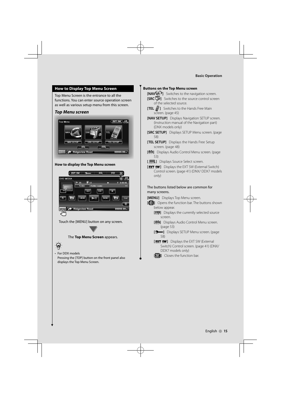 Top menu screen | Kenwood DNX7340BTM User Manual | Page 15 / 96