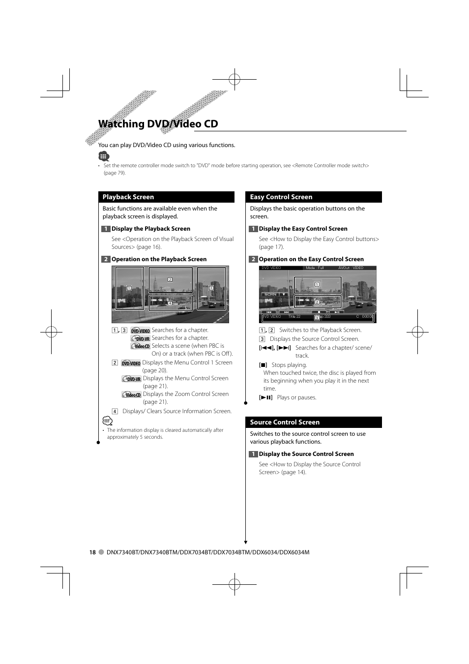 Watching dvd/video cd | Kenwood DNX7340BTM User Manual | Page 18 / 96