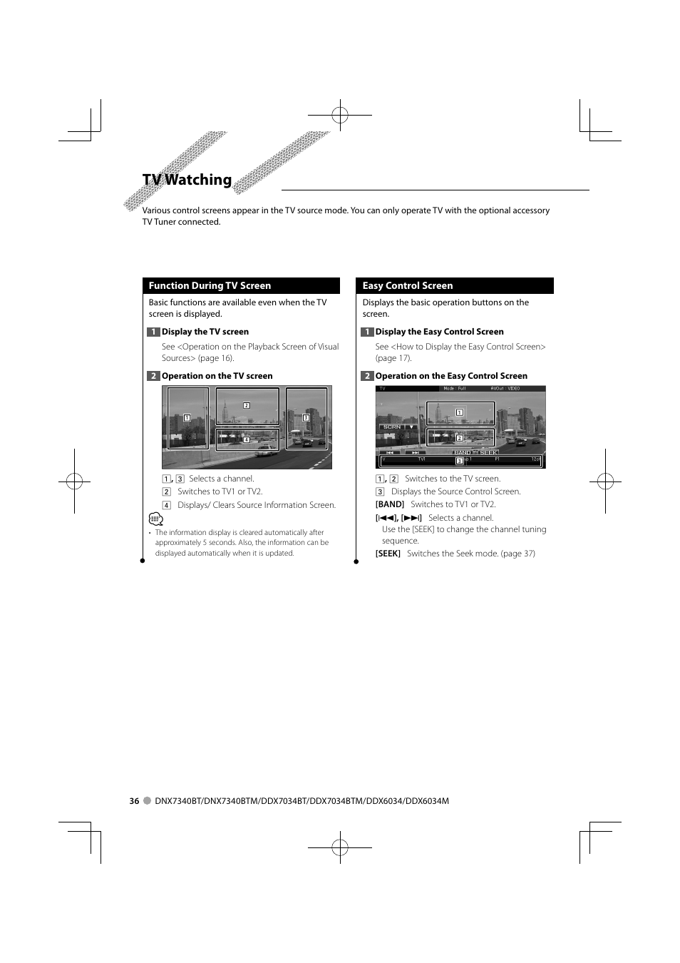 Tv watching | Kenwood DNX7340BTM User Manual | Page 36 / 96