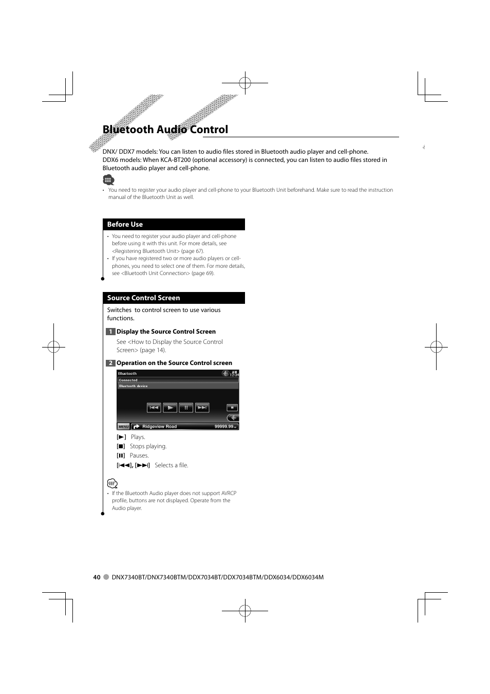 Bluetooth audio control | Kenwood DNX7340BTM User Manual | Page 40 / 96