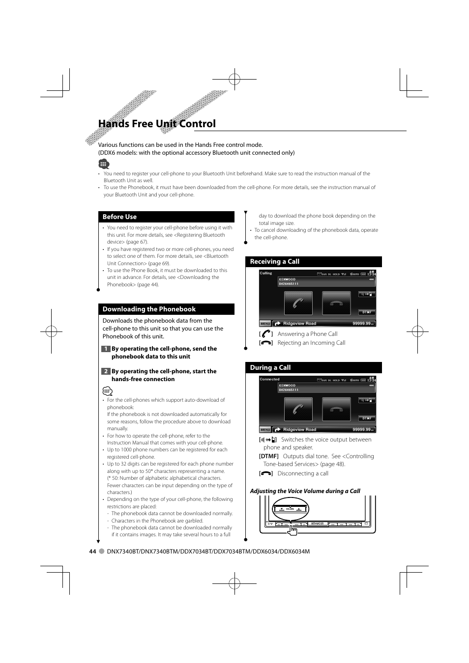 Hands free unit control | Kenwood DNX7340BTM User Manual | Page 44 / 96