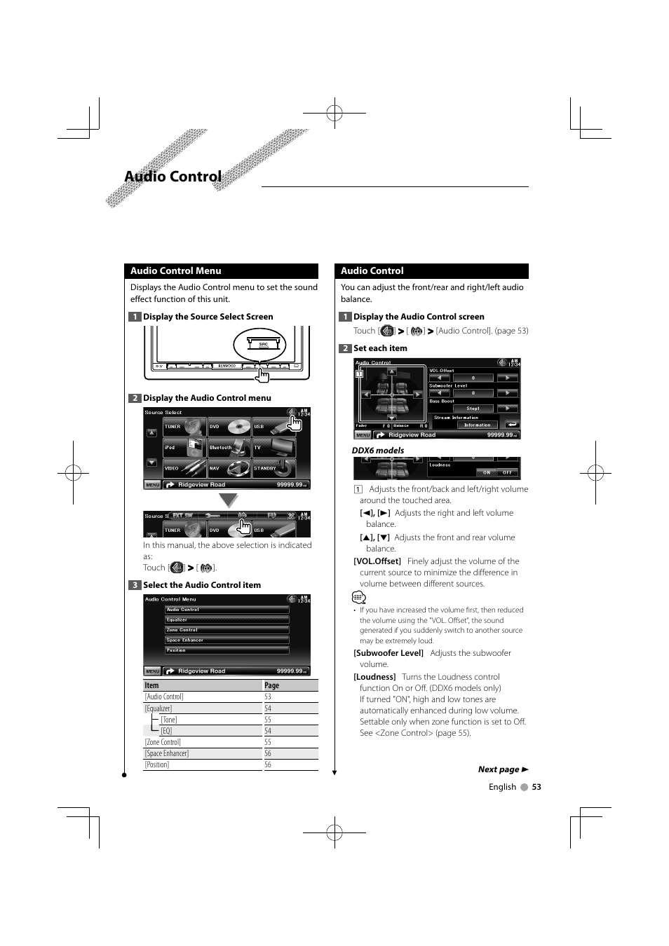 Audio control | Kenwood DNX7340BTM User Manual | Page 53 / 96