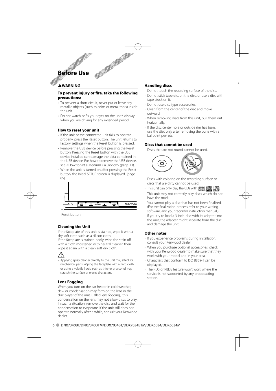 Before use | Kenwood DNX7340BTM User Manual | Page 6 / 96