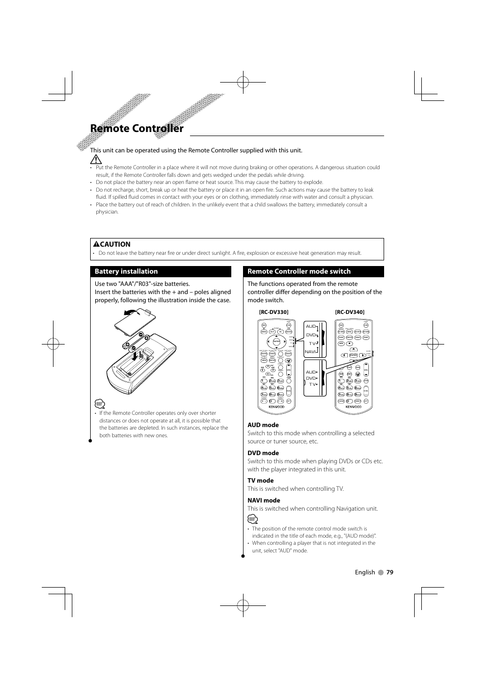 Remote controller, Battery installation, Remote controller mode switch | 2 caution, English 79 | Kenwood DNX7340BTM User Manual | Page 79 / 96