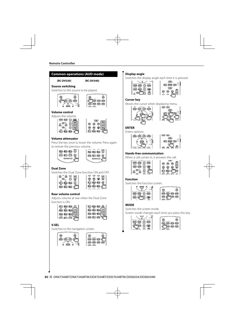 Common operations (aud mode), Volume control adjusts the volume, V.sel switches to the navigation screen | Cursor key moves the cursor when displaying menu, Enter enters options, Function switches the function screen, Remote controller | Kenwood DNX7340BTM User Manual | Page 80 / 96