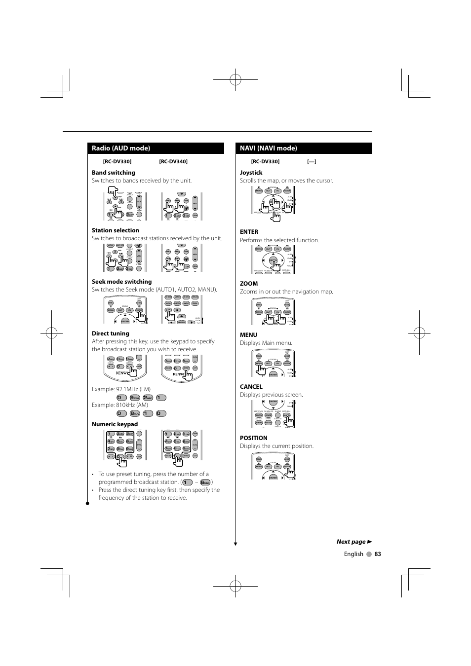 Radio (aud mode), Navi (navi mode), Next page 3 | English 83, Example: 92.1mhz (fm), Example: 810khz (am), Numeric keypad, Joystick scrolls the map, or moves the cursor, Enter performs the selected function, Zoom zooms in or out the navigation map | Kenwood DNX7340BTM User Manual | Page 83 / 96