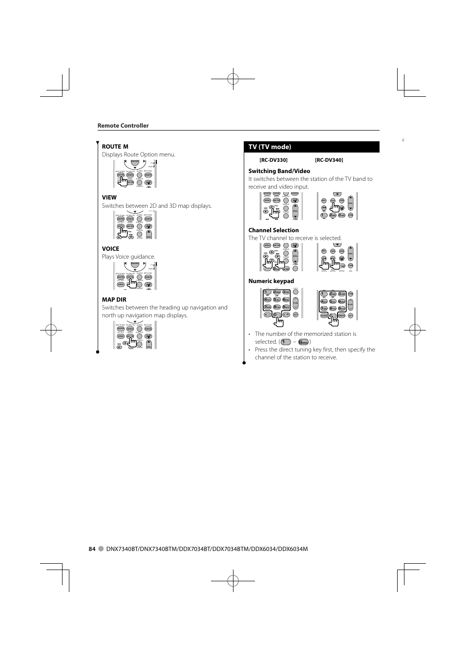 Tv (tv mode), View switches between 2d and 3d map displays, Voice plays voice guidance | Numeric keypad | Kenwood DNX7340BTM User Manual | Page 84 / 96