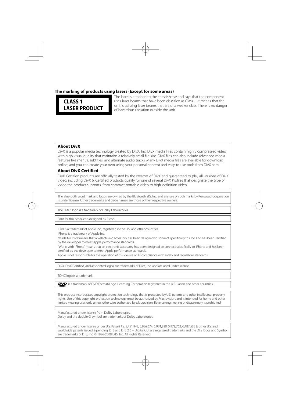 Class 1 laser product | Kenwood DNX7340BTM User Manual | Page 93 / 96