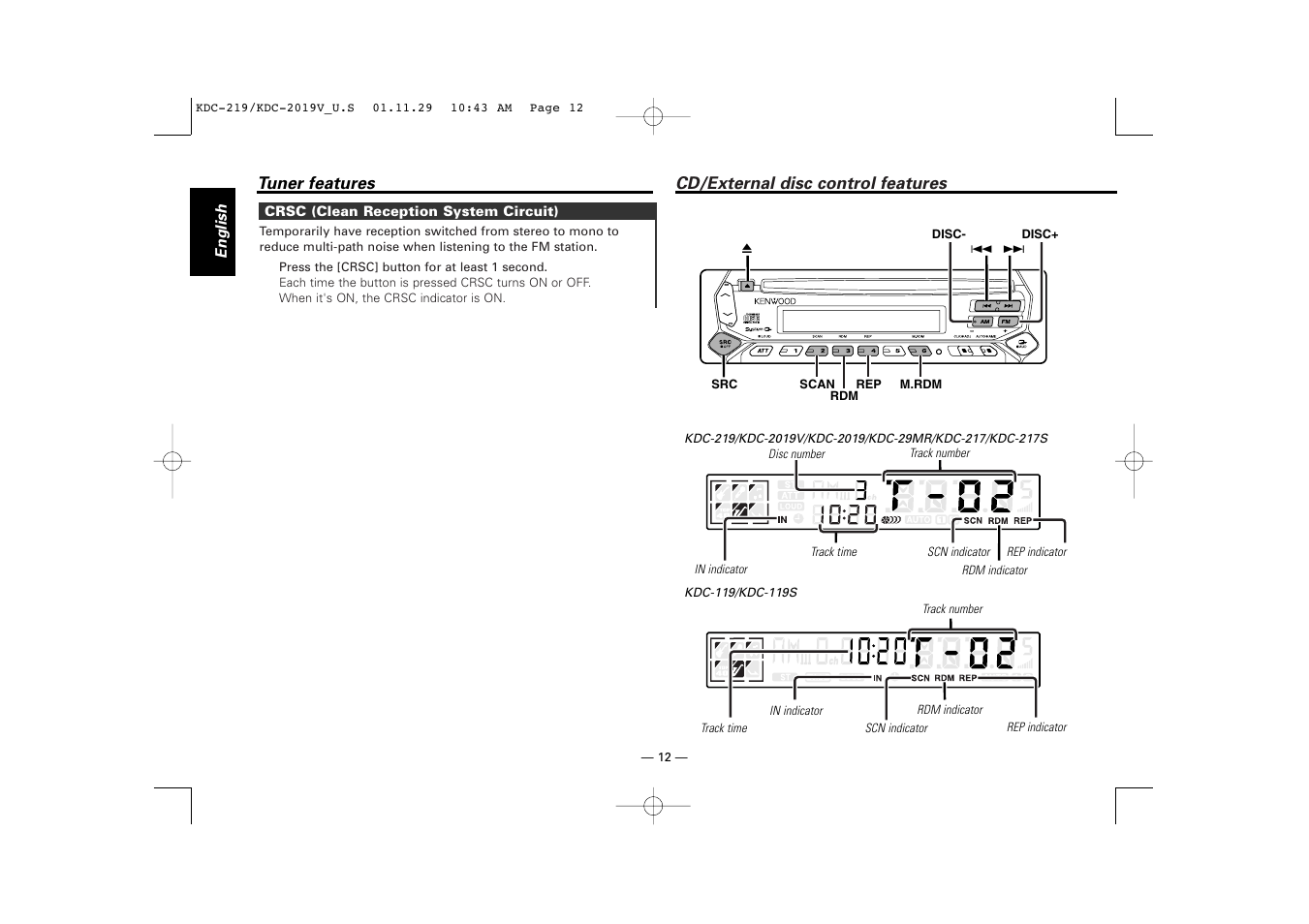 Cd/external disc control features | Kenwood KDC-119 User Manual | Page 12 / 25