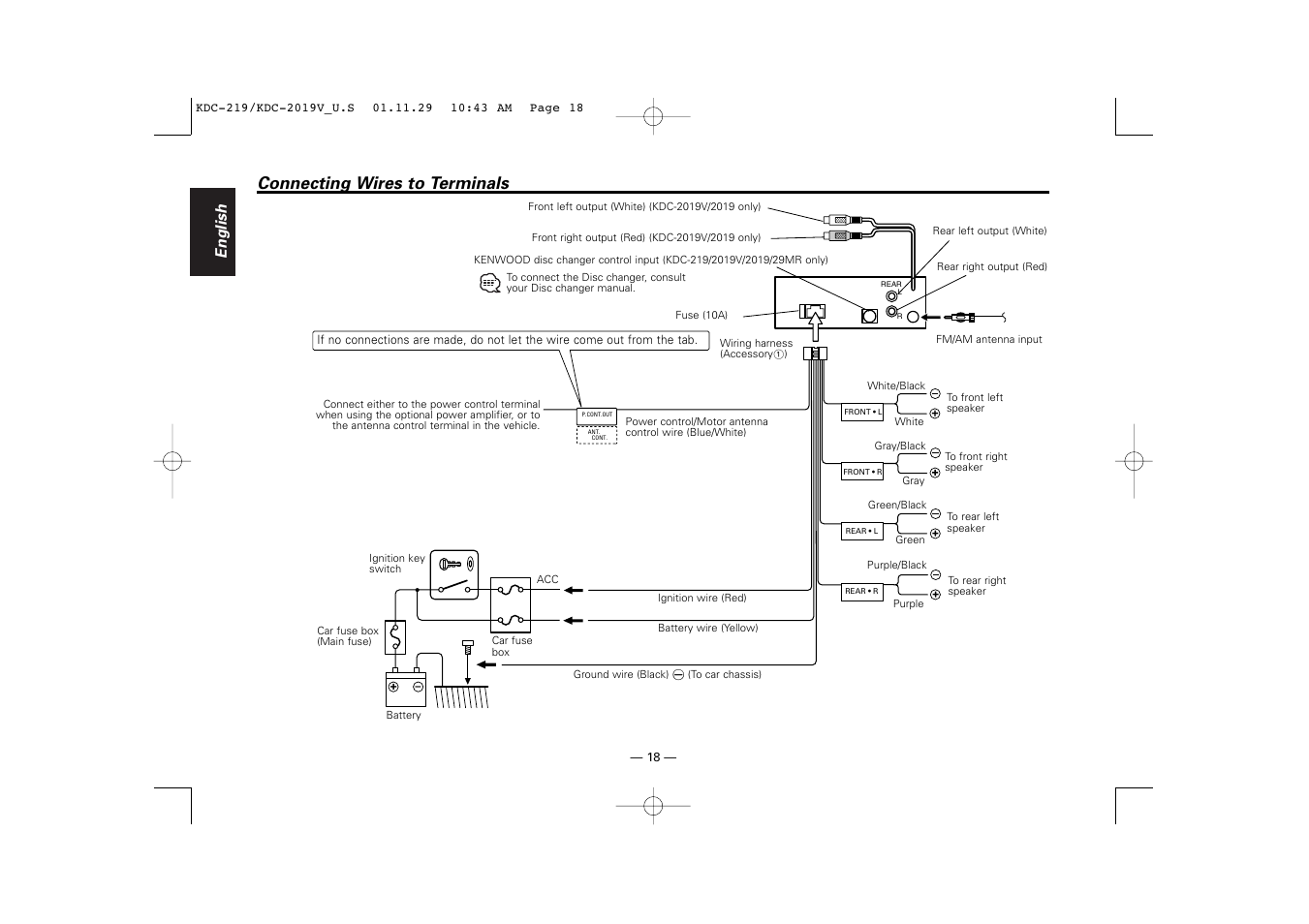 Connecting wires to terminals, English | Kenwood KDC-119 User Manual | Page 18 / 25