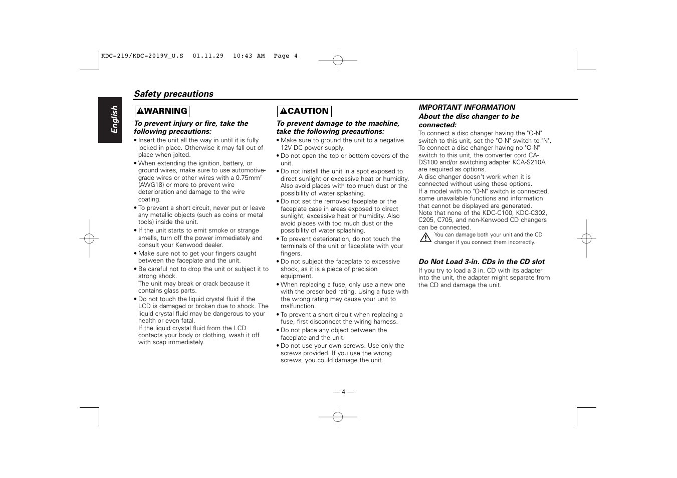 Safety precautions | Kenwood KDC-119 User Manual | Page 4 / 25