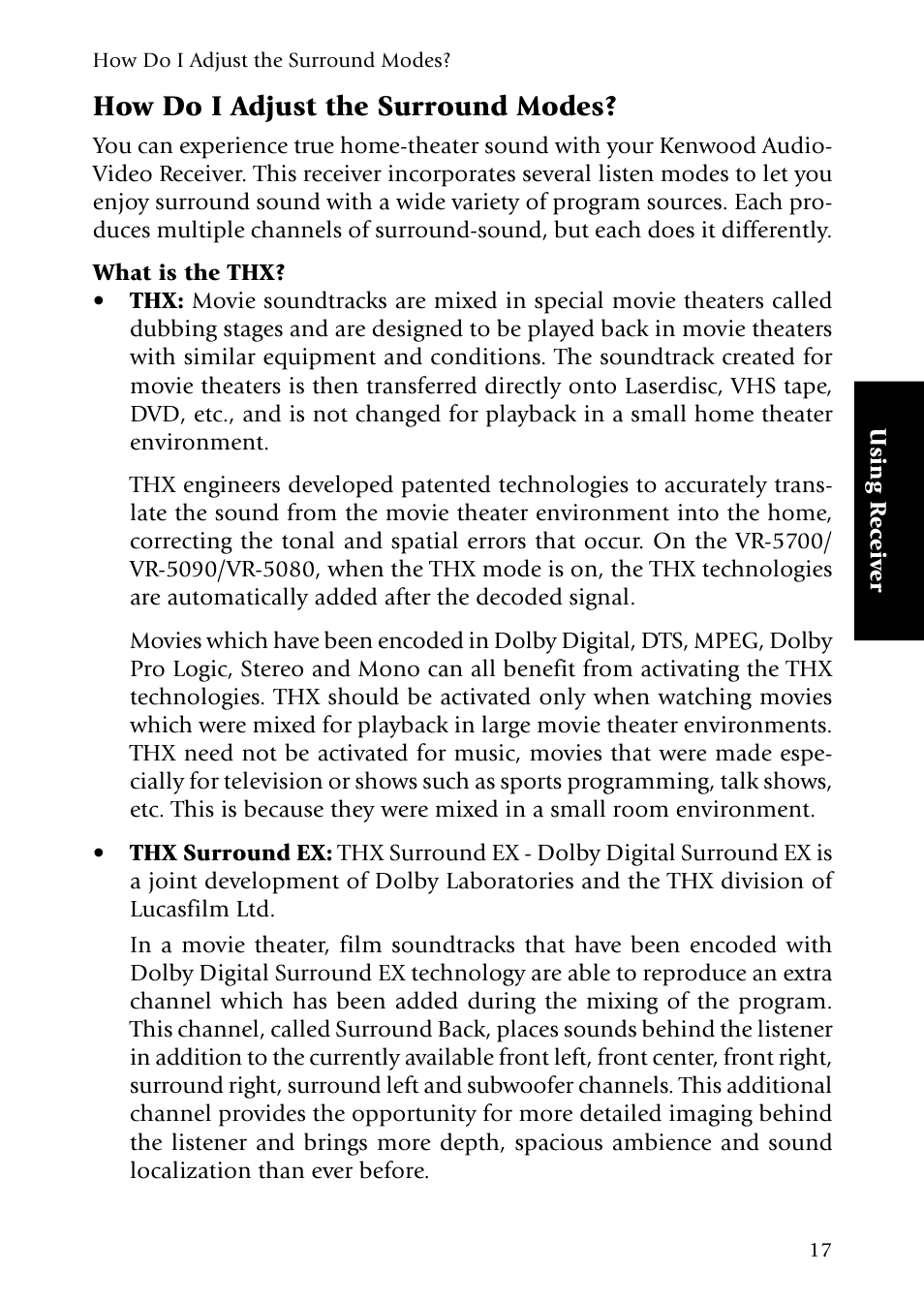 How do i adjust the surround modes, What is the thx | Kenwood VR-5090 User Manual | Page 25 / 88