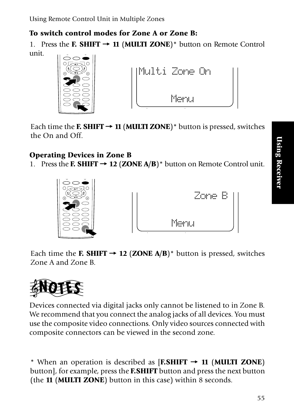 Multi zone on menu, Zone b menu, Using remote control unit in multiple zones | Kenwood VR-5090 User Manual | Page 63 / 88