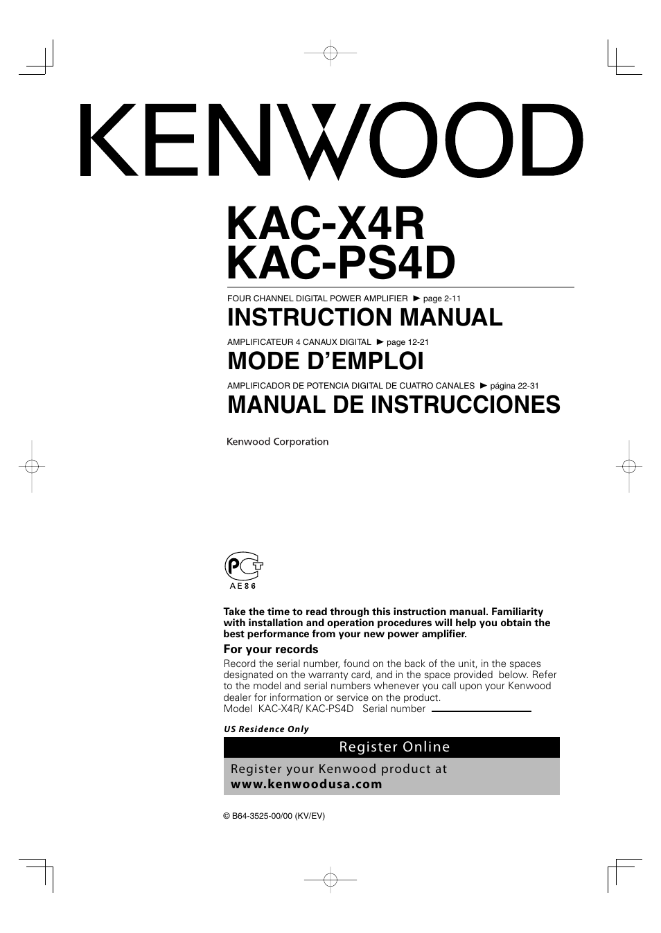 Kenwood KAC-X4R User Manual | 32 pages