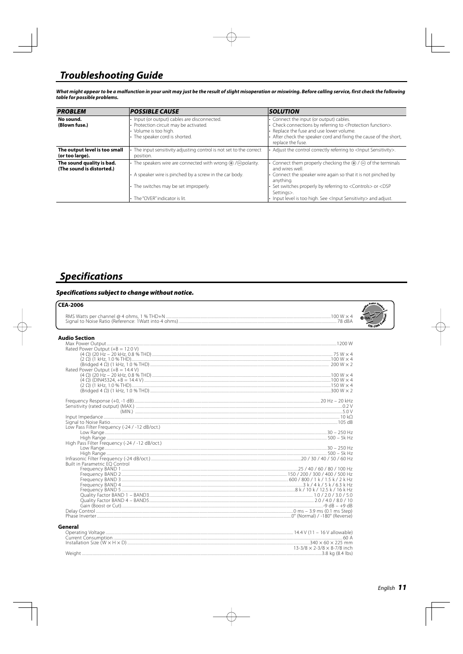 Troubleshooting guide specifications | Kenwood KAC-X4R User Manual | Page 11 / 32