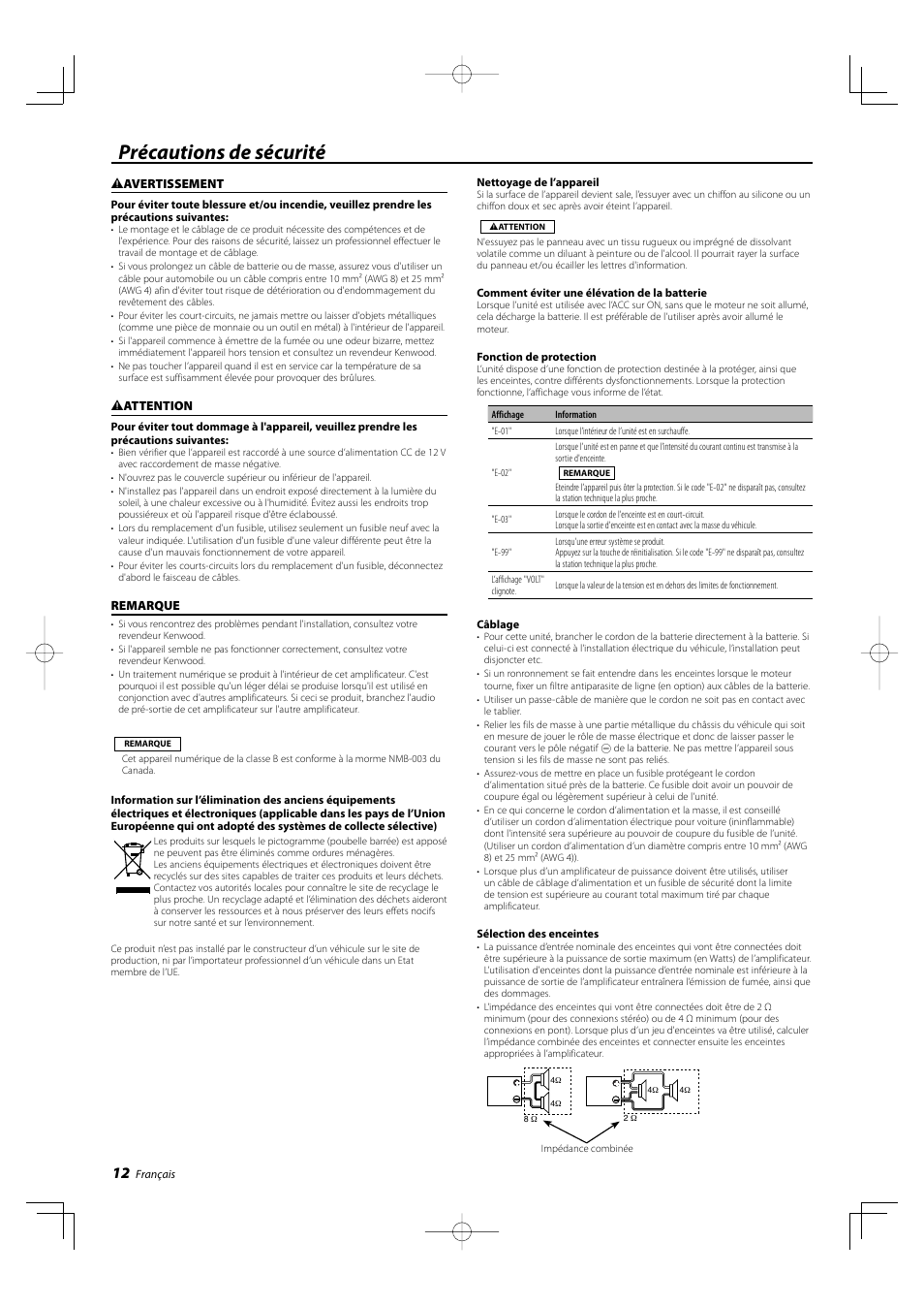 Précautions de sécurité | Kenwood KAC-X4R User Manual | Page 12 / 32