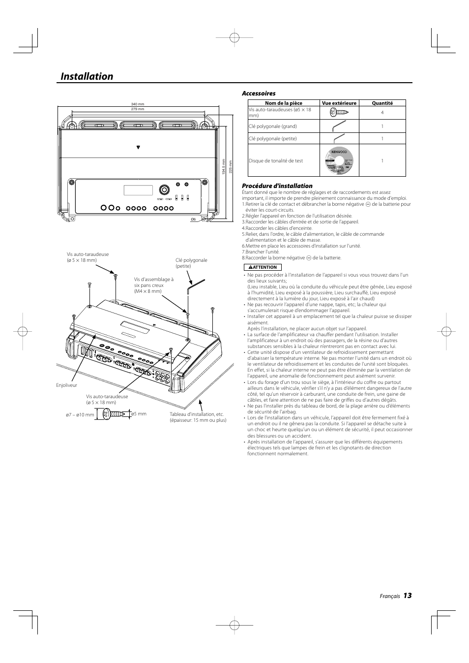 Installation | Kenwood KAC-X4R User Manual | Page 13 / 32