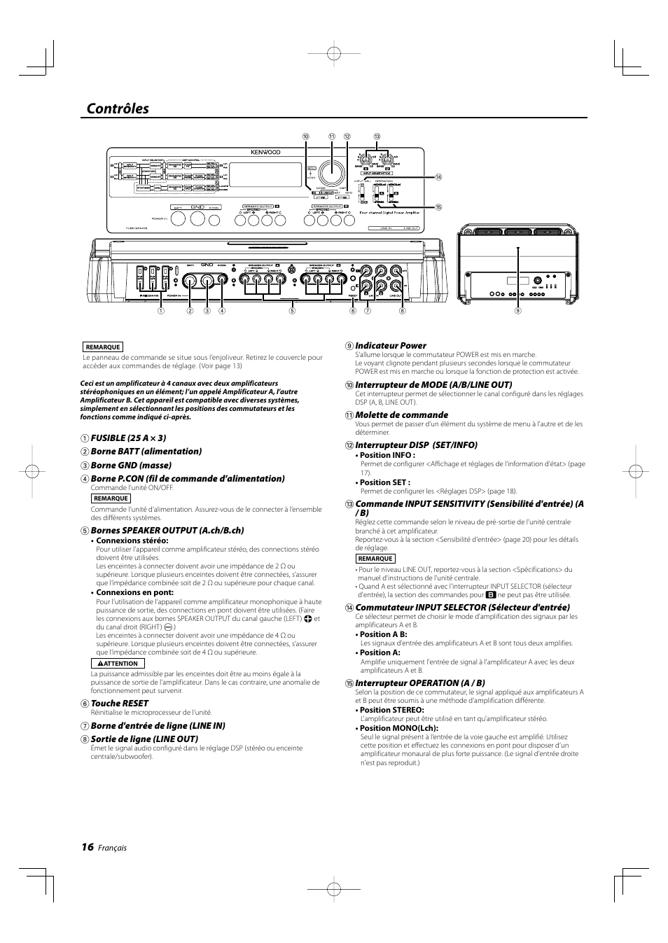 Contrôles | Kenwood KAC-X4R User Manual | Page 16 / 32