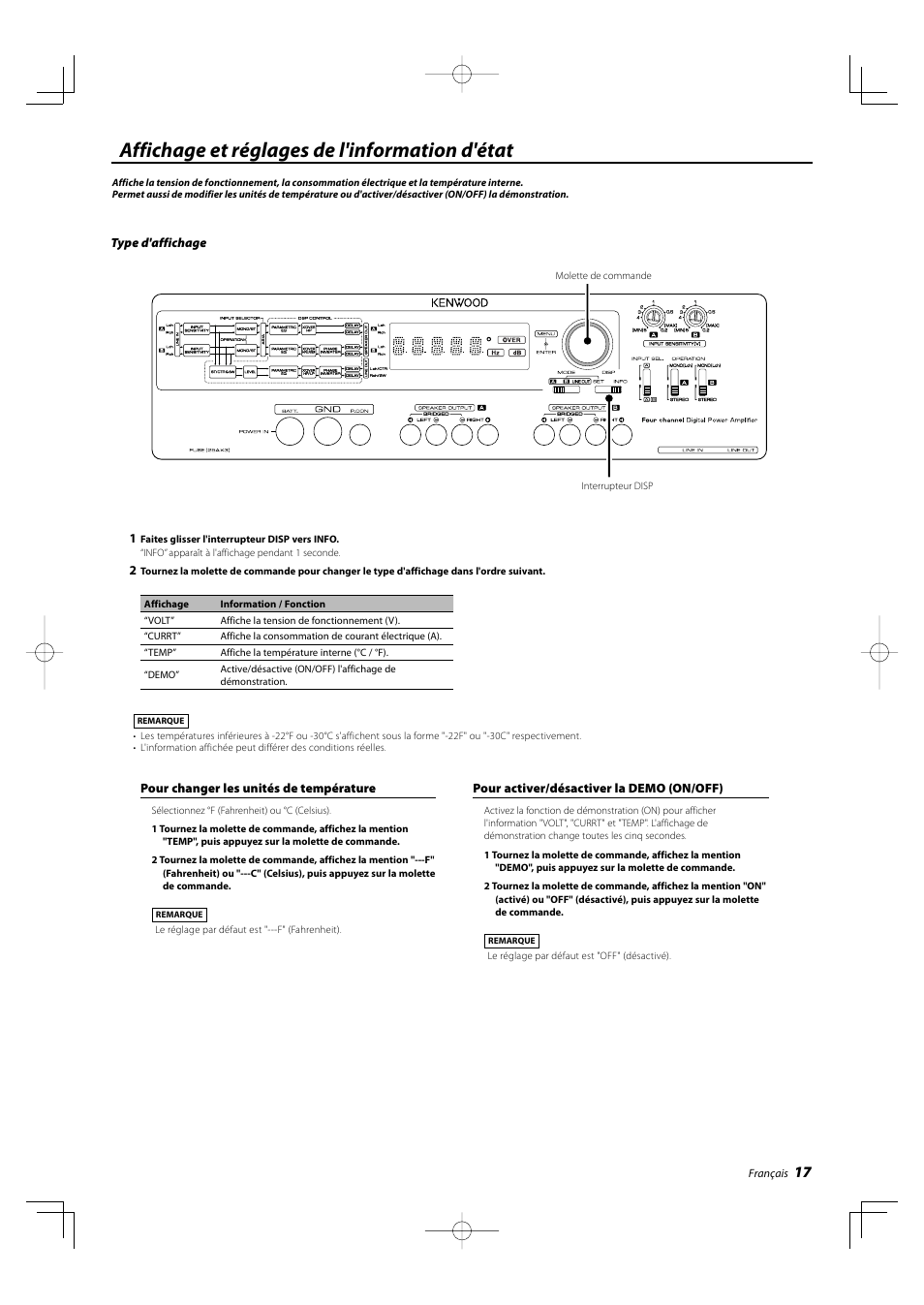 Affichage et réglages de l'information d'état | Kenwood KAC-X4R User Manual | Page 17 / 32