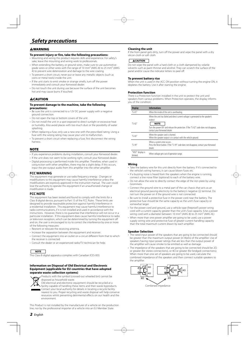 Safety precautions | Kenwood KAC-X4R User Manual | Page 2 / 32