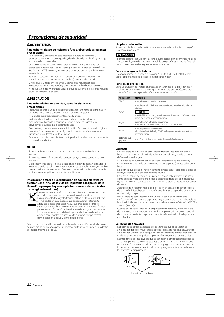 Precauciones de seguridad | Kenwood KAC-X4R User Manual | Page 22 / 32