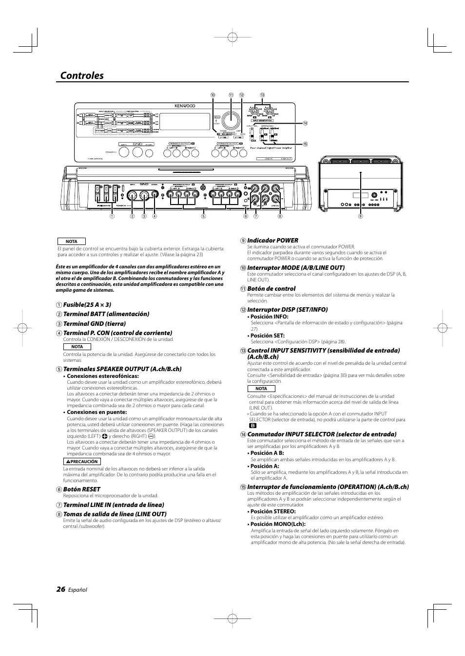 Controles | Kenwood KAC-X4R User Manual | Page 26 / 32