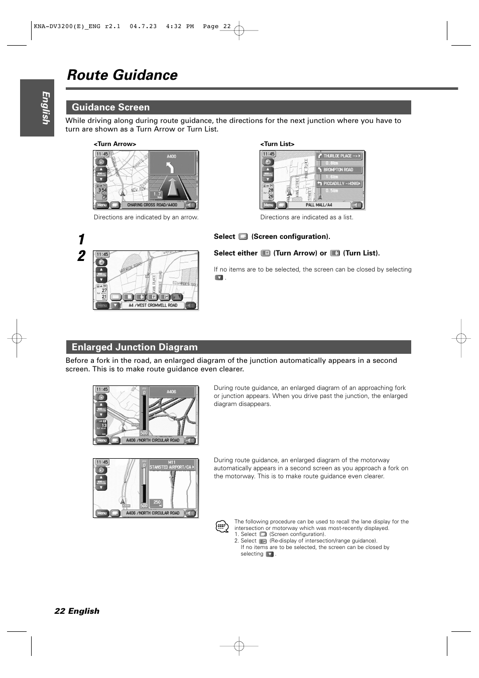 Route guidance, English, Enlarged junction diagram guidance screen | Kenwood KNA-DV3200 User Manual | Page 22 / 60