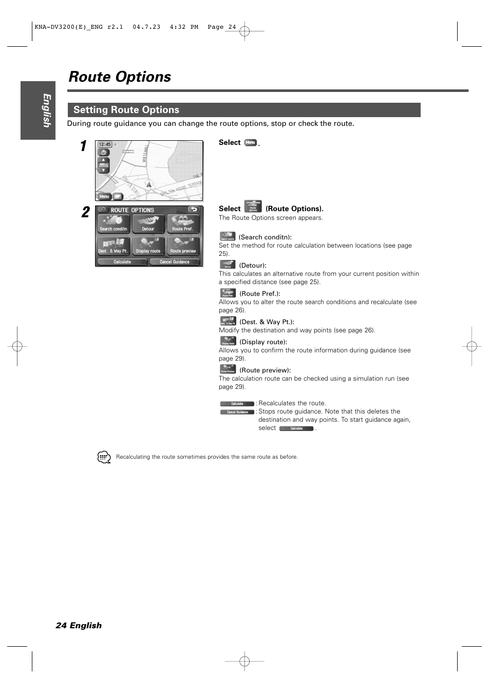 Route options, English, Setting route options | Kenwood KNA-DV3200 User Manual | Page 24 / 60