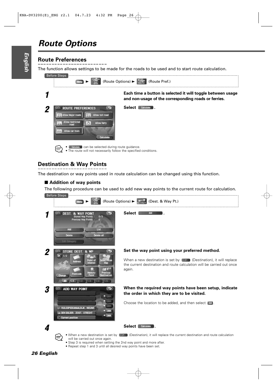 Route options, English, Route preferences | Destination & way points | Kenwood KNA-DV3200 User Manual | Page 26 / 60