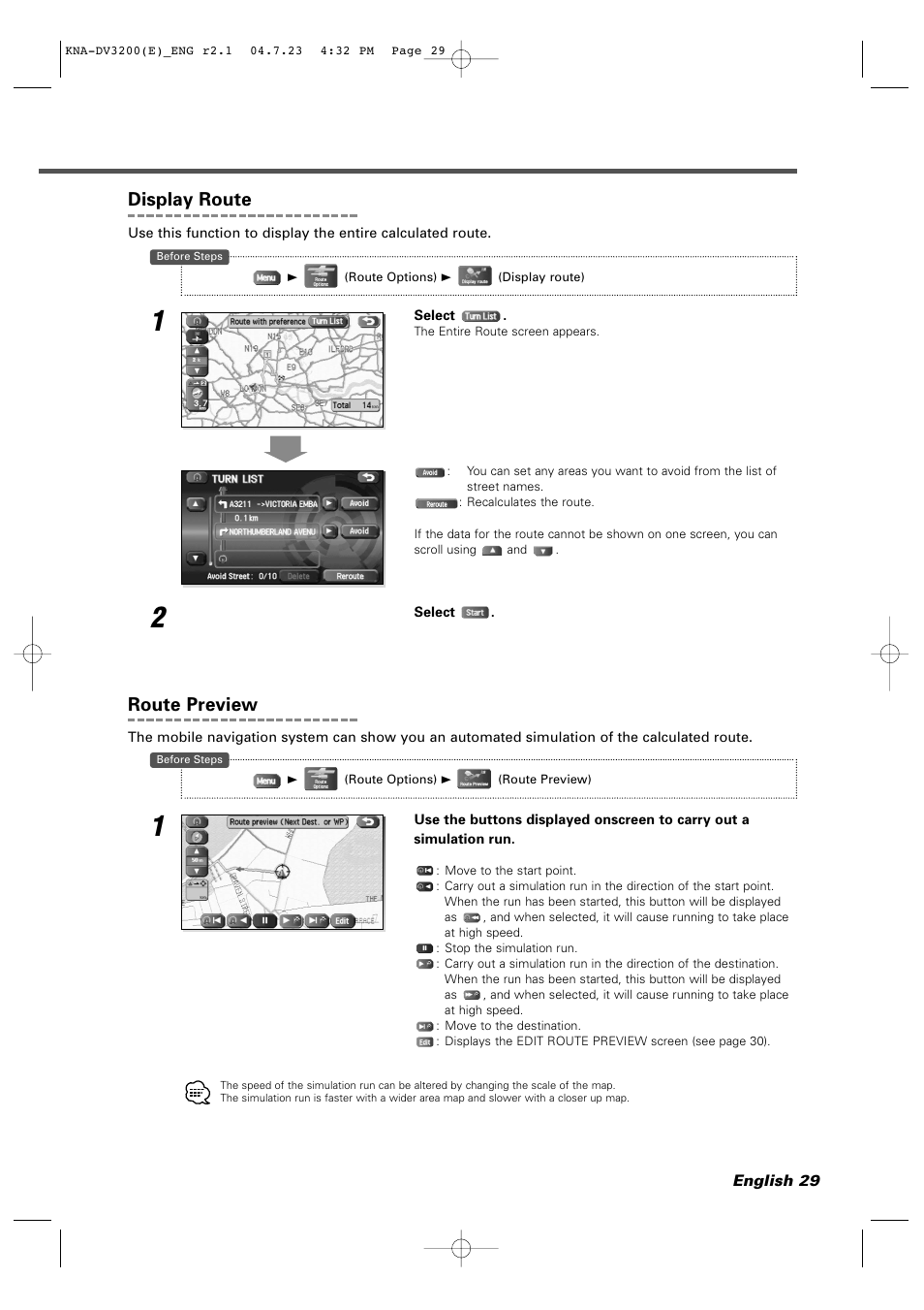 Display route, Route preview | Kenwood KNA-DV3200 User Manual | Page 29 / 60