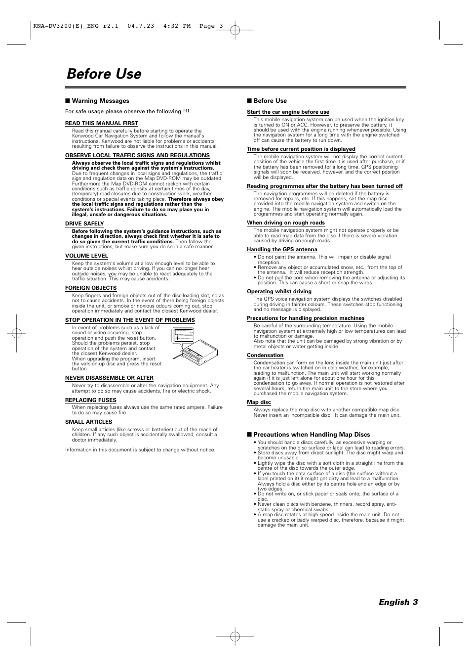 Before use, English 3 | Kenwood KNA-DV3200 User Manual | Page 3 / 60