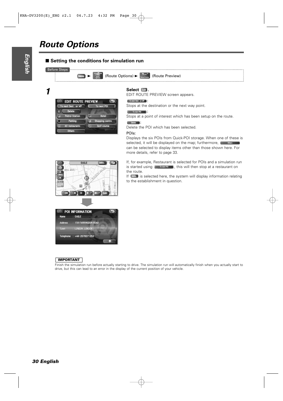 Route options, English | Kenwood KNA-DV3200 User Manual | Page 30 / 60